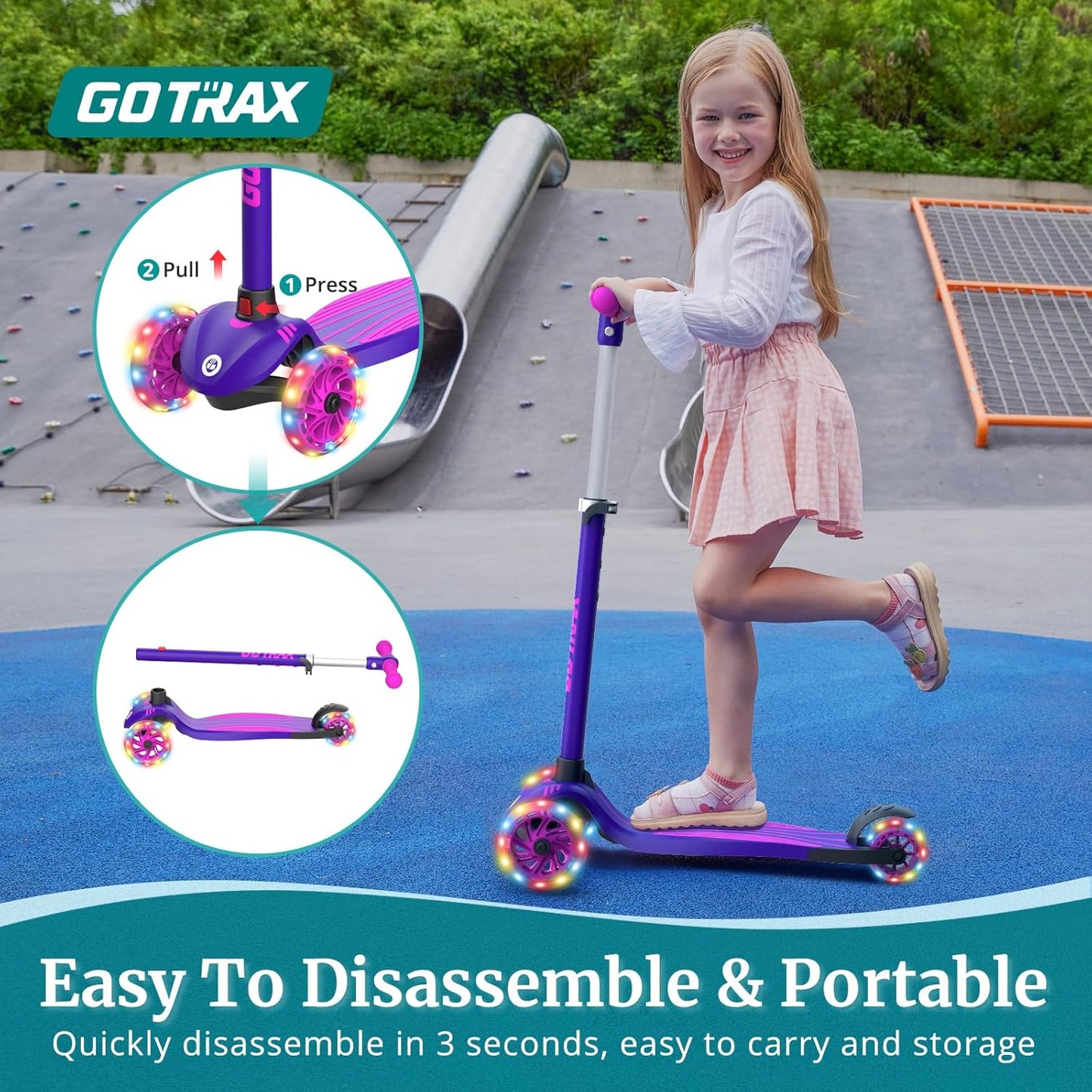 Gotrax KS1 Kids Kick Scooter, LED Lighted Wheels and 3 Adjustable Height Handlebars, Lean-to-Steer & Widen Anti-Slip Deck, 3 Wheel Scooter for Boys & Girls Ages 2-8 and up to 110 Lbs