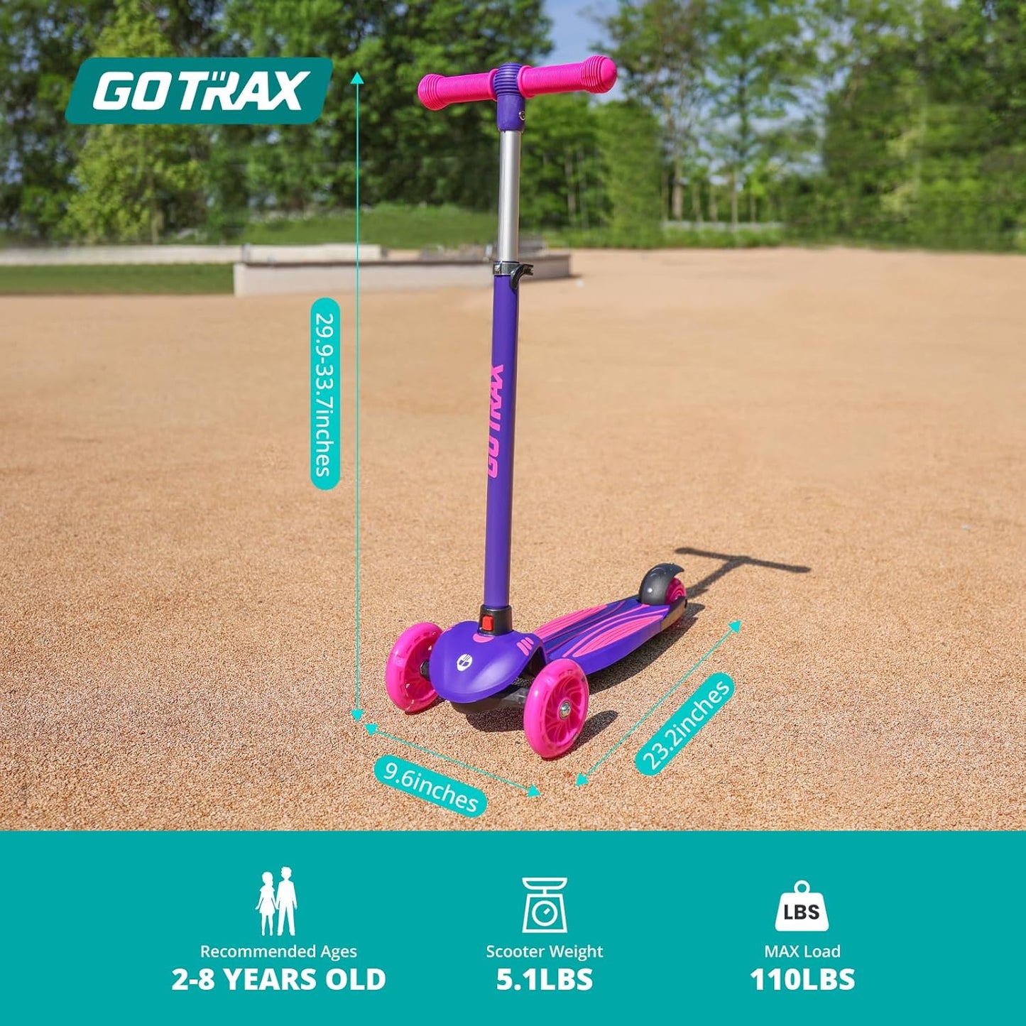 Gotrax KS1 Kids Kick Scooter, LED Lighted Wheels and 3 Adjustable Height Handlebars, Lean-to-Steer & Widen Anti-Slip Deck, 3 Wheel Scooter for Boys & Girls Ages 2-8 and up to 110 Lbs